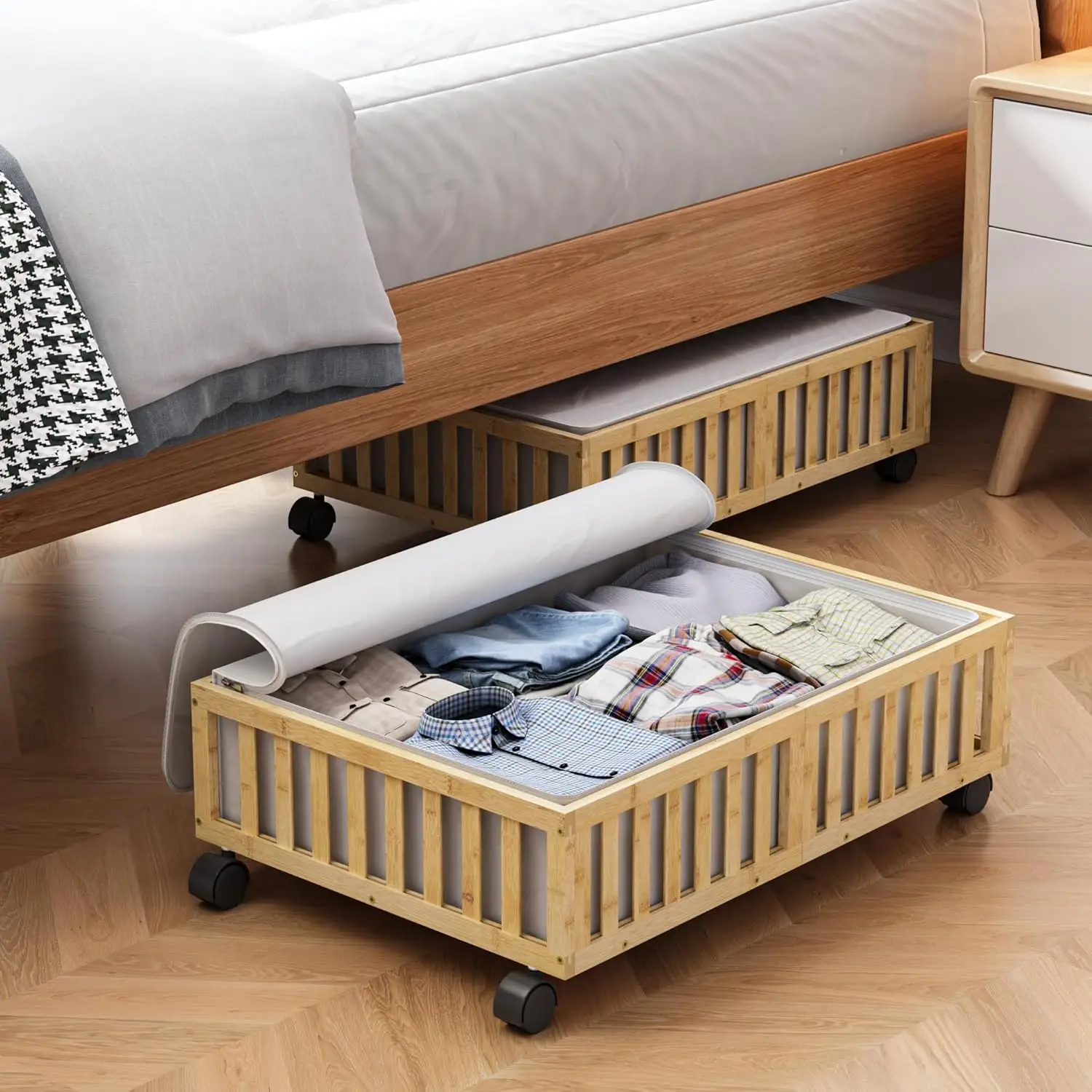 

Bamboo Under Bed Storage Containers with Wheels, 2 Pack Rolling Drawers for Shoes Clothes Blankets