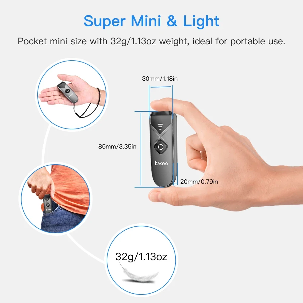 Eyoyo Barcode Scanner Mini Portable Bluetooth Barcode Reader USB Wired/Bluetooth/ 2.4G Wireless 1D 2D QR PDF417 Barcode Scanner