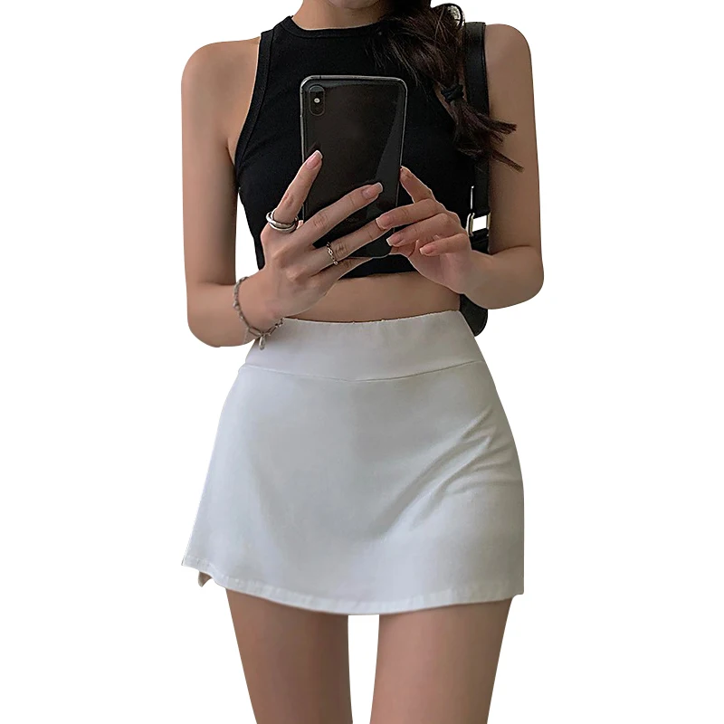 Women Tennis Mini Skirt, Solid Color High-Waist Wrap Skirt Miniskirt with Lining Shorts for Girls