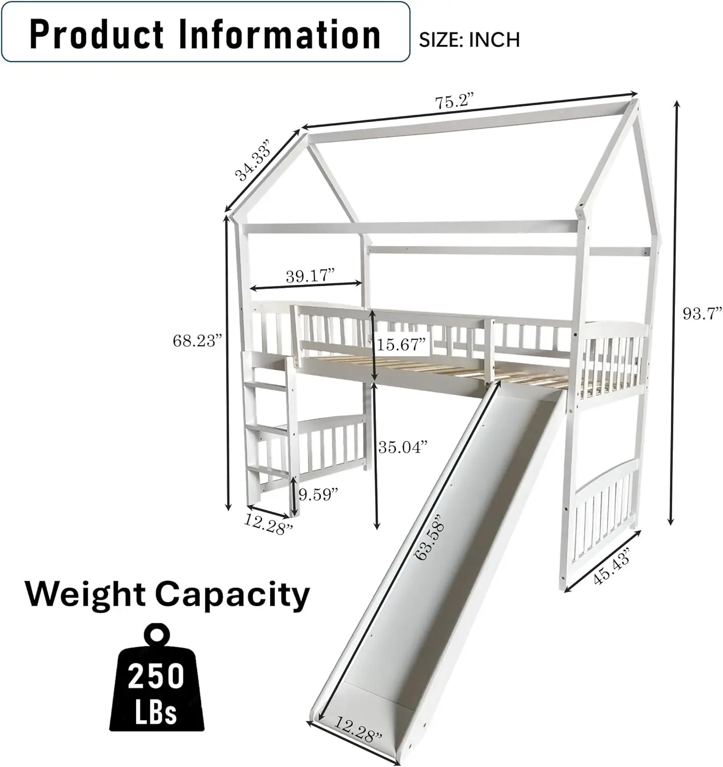 Twin Size Loft Bed With Slide & Ladder,House Shaped Solid Pine Wood Bed Frame W/Safety Guardrail For Kids, Teens, Girls,