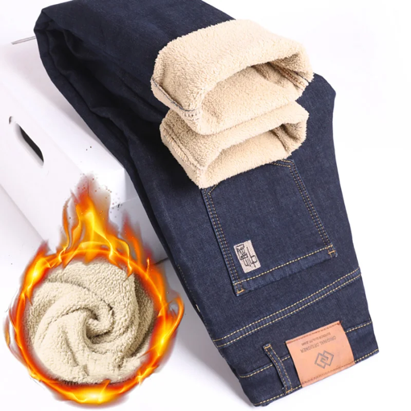 2024 inverno lana di agnello da uomo caldo Jeans Slim Fit Business Fashion addensare pantaloni in Denim pantaloni di marca elasticizzati in pile