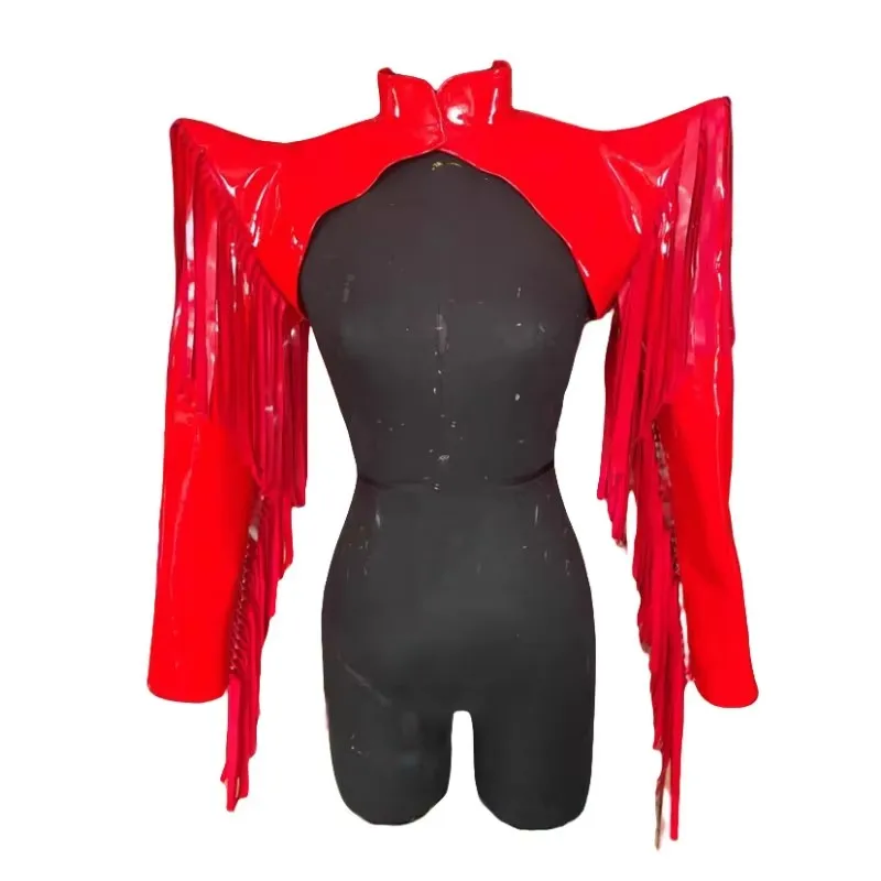 Performance Accessories Queen Dance Costume Red Leather Tassel Fly Shoulder Pads Women Jazz Dancer Singer Armor Waistcoat Stage