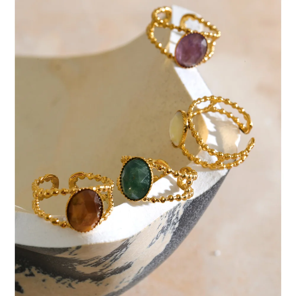 Yhpup New Tiger Turquoise Amethyst Stone Open Adjustable Ring Stainless Steel High Quality Trendy Naturalistic Jewelry