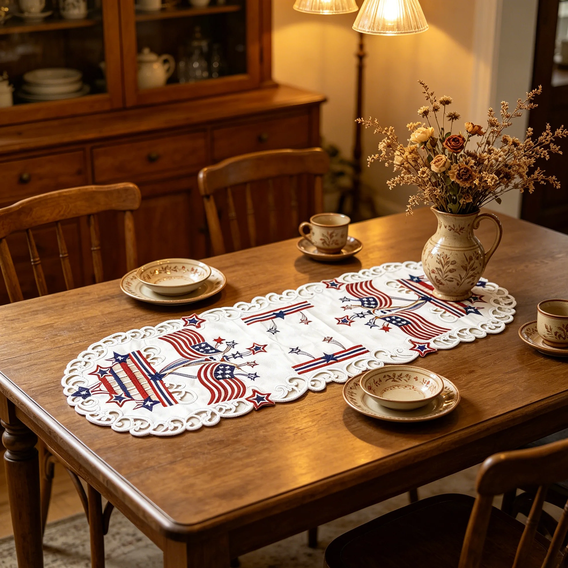 USA Independence Day Flag Embroidered Hollow Table Runner Linen Long Table Mat 4th Of July Party Holiday Decor Tablecloth