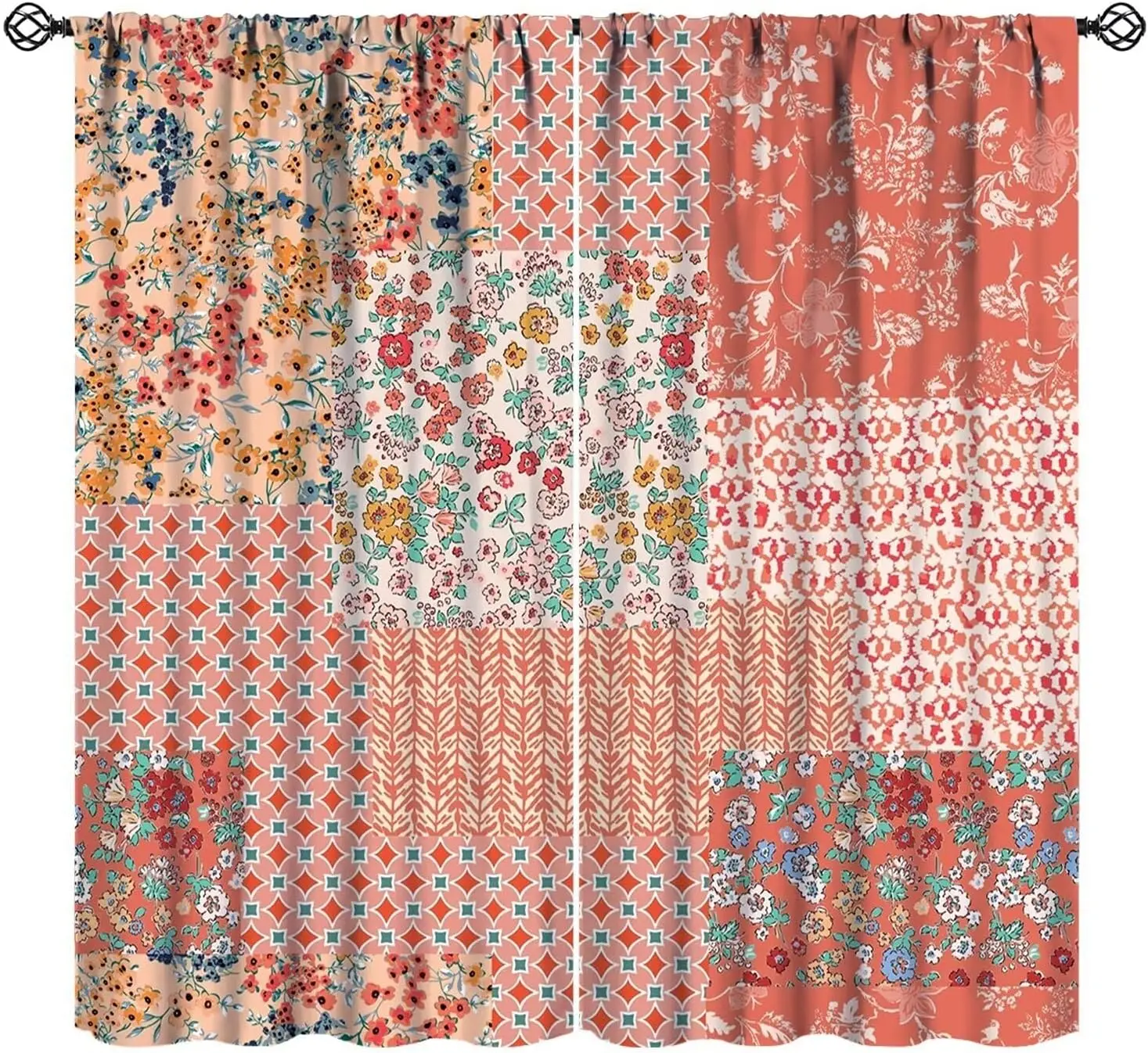 Boho Patchwork Curtains Colorful Vintage Rustic Splicing Wildflower Farmhouse Country Girls Women Bedroom Living Room Rod Pocket