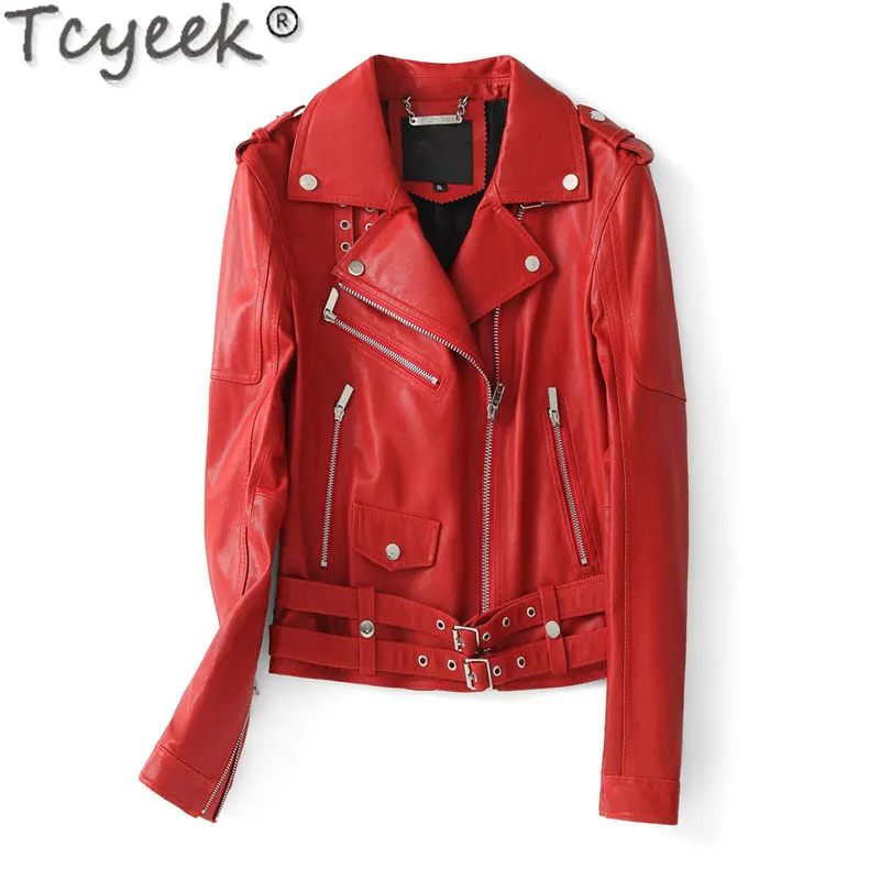 

Tcyeek Genuine Leather Motorcycle Jacket Women's Short Coat Vintage Sheepskin Coats Fashion Slim Leather Jackets Women Clothes