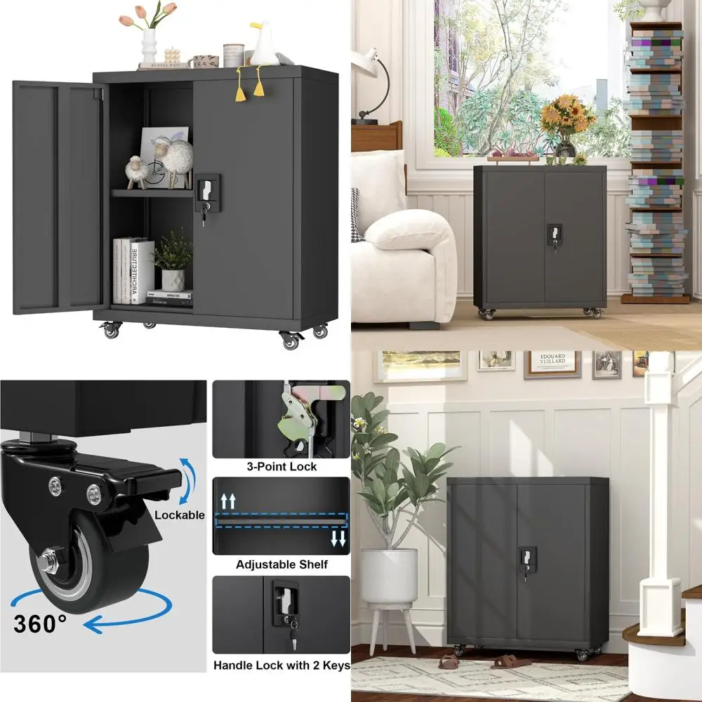 

GREATMEET Metal Storage Cabinet on Wheels, Compact Lockable Cabinet with Adjustable Shelves for Utility Use