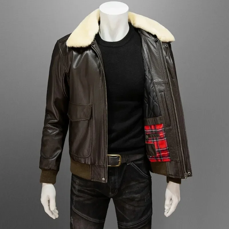 Dark Brown G1 Pilot Leather Jacket Men Military Style Plus Size 4XL Natural Cowhide Winter Aviation Genuine Leather Coat