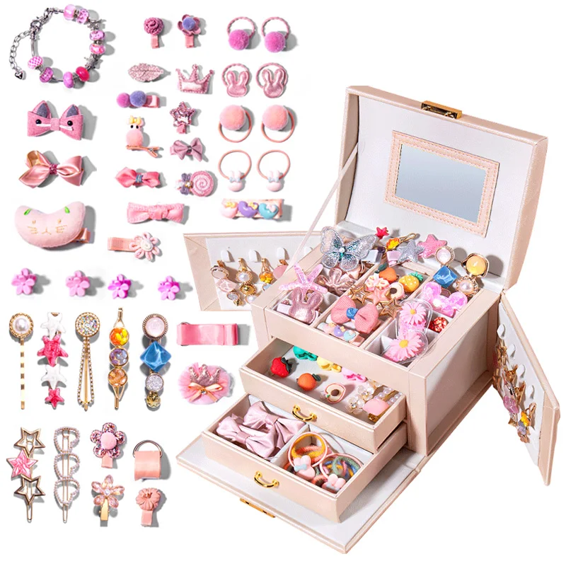 25-45PCS Girl Hair Decoration Set Kids Makeup Box Rings Tiaras Accessories Princess Beauty Game Children Toy for 3 Year Gift