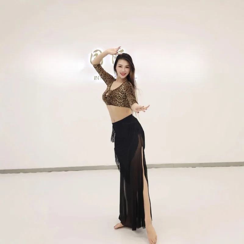 Trajes de dança do ventre personalizados, vestido de prática, conjunto de dança oriental, top gradiente com estampa de leopardo e saia de franja de malha preta