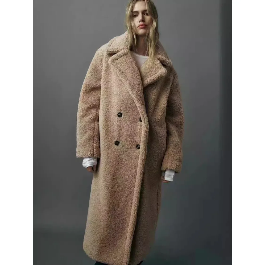 

Over-Knee Fleece-Lined Casual Lapel Coat Double-Button Decoration Loose Women's Outerwear Versatile Beige New Year's Quality