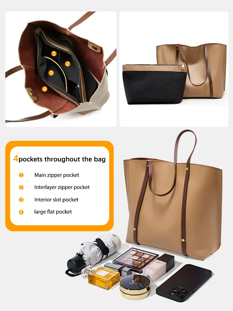 Zency New Soft Two Layer Leather Female Handbag High Quality Vintage Tote Bag for Shopping Travel Big Purse Composite Bags