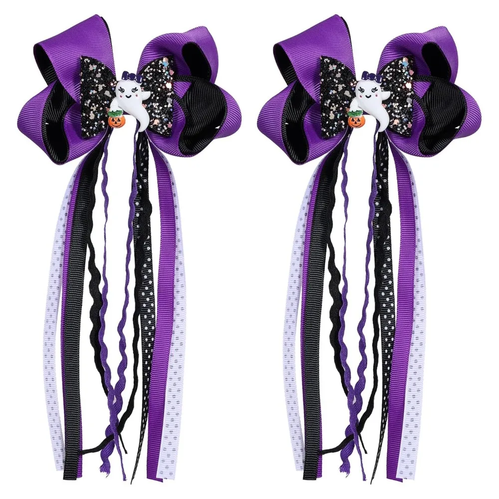 

Halloween Hair Bow Clips Ghost Glitter Hairpins Long Tails Grosgrain Ribbon Halloween Hair Accessories for Girls Kids, Purple