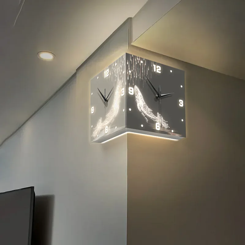 Cream wind corner double-sided wall clock household simple corner clock wall hanging creative non-punching led wall lamp clock