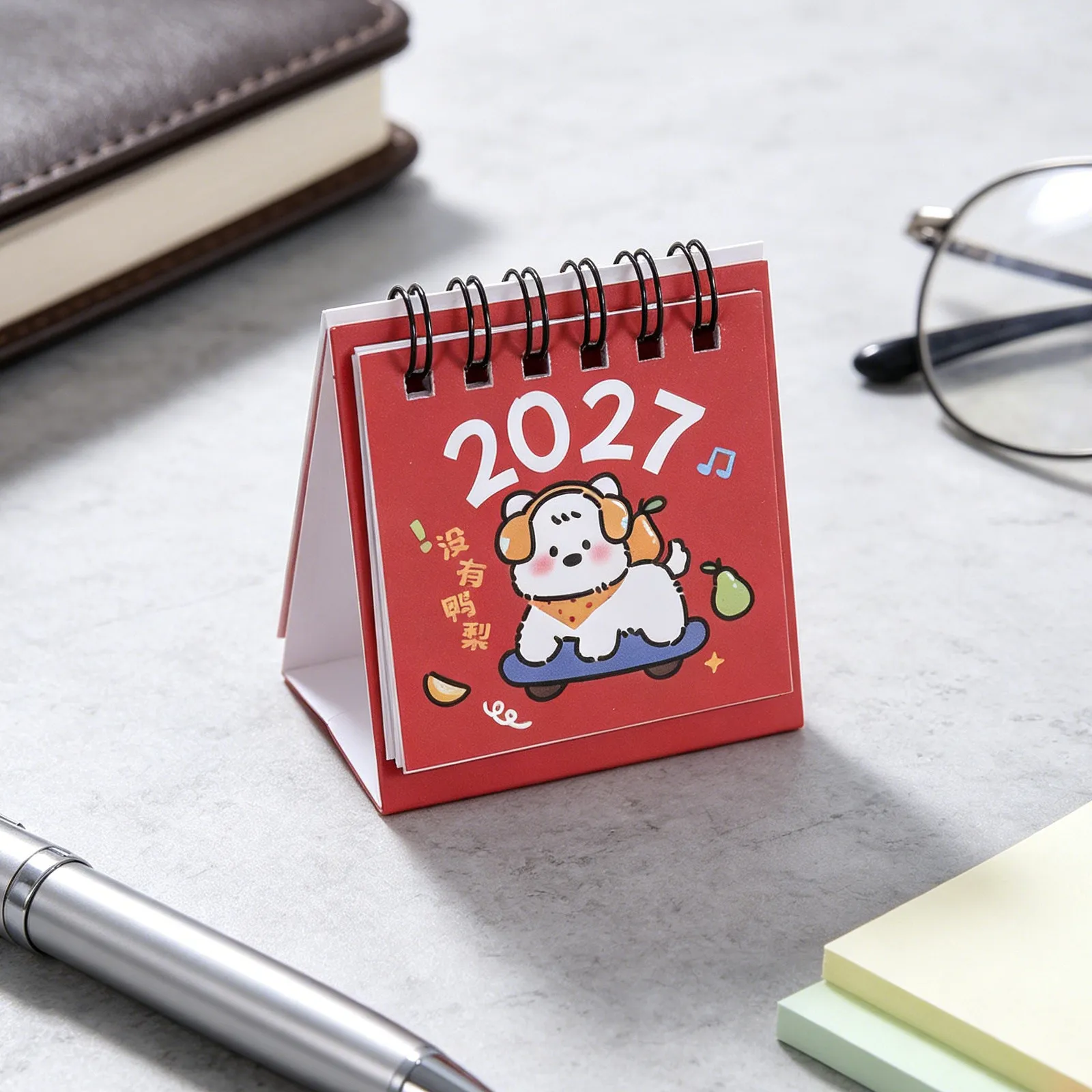 Mini Desk Calendar 2027 Cartoon Dog Pattern Small Desktop Standing Flip Calendar Metal Twin-Wire Binding Office Desk Decoration
