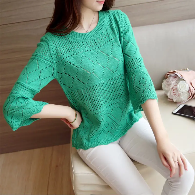 Hollow Out Ice Silk Knitted Shirt Three Quarter Sleeve Korean Flare Sleeve O-Neck Loose Short T-Shirts Spring Summer Geometric