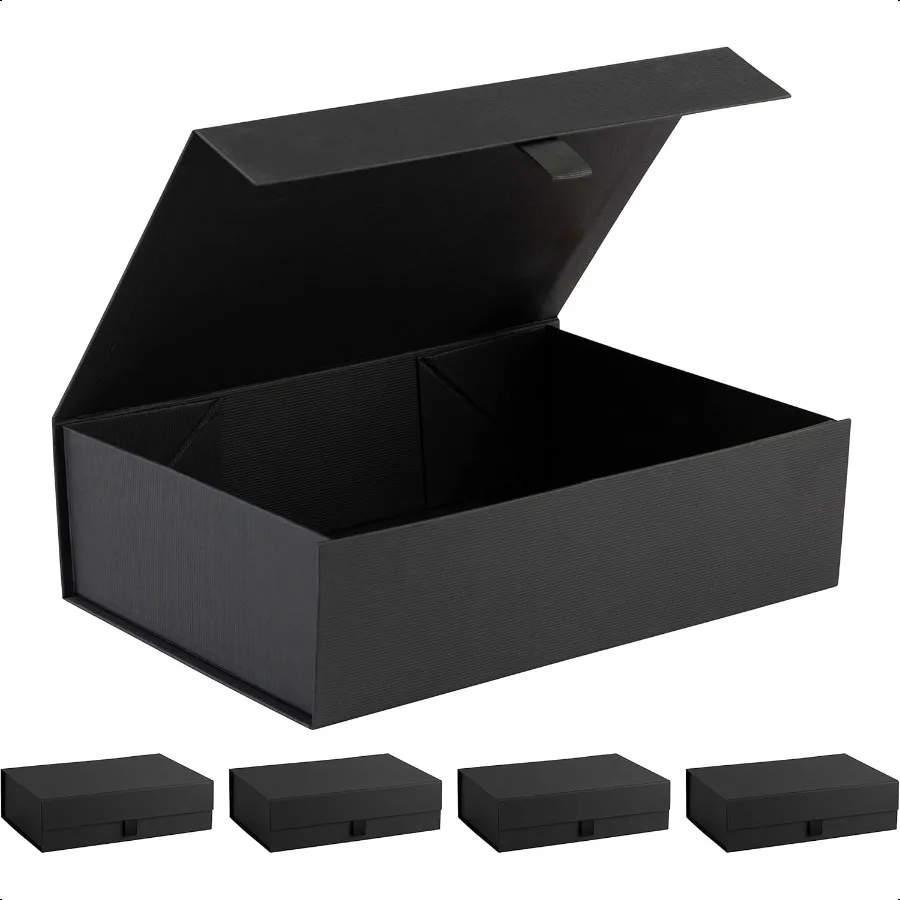 กล่องของขวัญแข็งแบบมีลายริ้วสีดำ ฝาปิดแบบแม่เหล็ก ขนาด 14 x 9 x 4 ซม. กล่องใส่ของชำร่วยสีดำสุดหรู 5 กล่อง