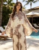 New 2026 Fashion For Women Pajamas Set European American Retro Loose Print Shirt Two-piece High Waist Wide Leg Pants Home Suit
