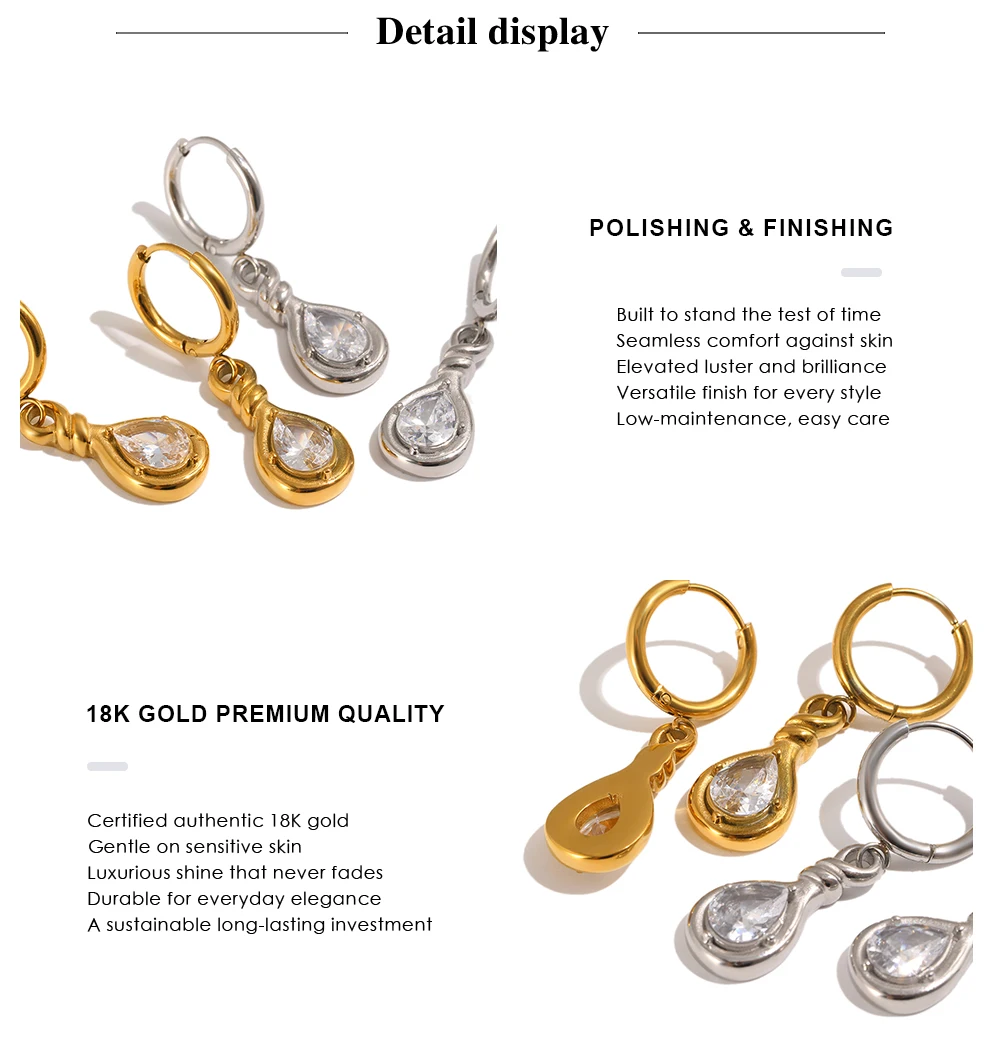 MamacitaSlay 316L Edelstahl-Ohrringe mit Wassertropfen-Zirkon, 18 Karat vergoldet, wasserdicht, minimalistischer Schmuck für Frauen, Geschenk – Detail 3