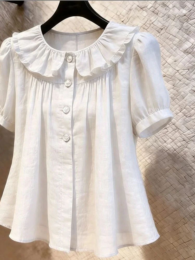 

White Commuter Style Women's Short Sleeve Shirt Floral Collar Slimming Top Fashionable Versatile Summer New Arrival