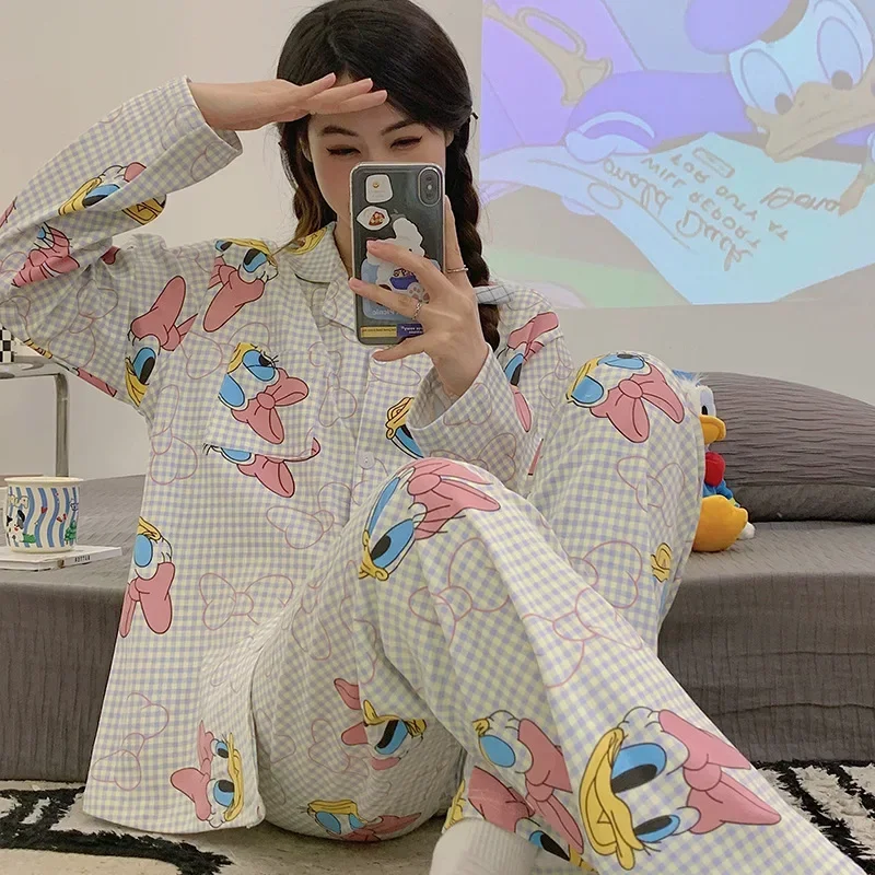 Disney Donald Duck Autumn Cotton Long Sleeve Trousers Cartoon Women's Pajamas Silk Pajamas Women's Loungewear Pajamas Pants Set