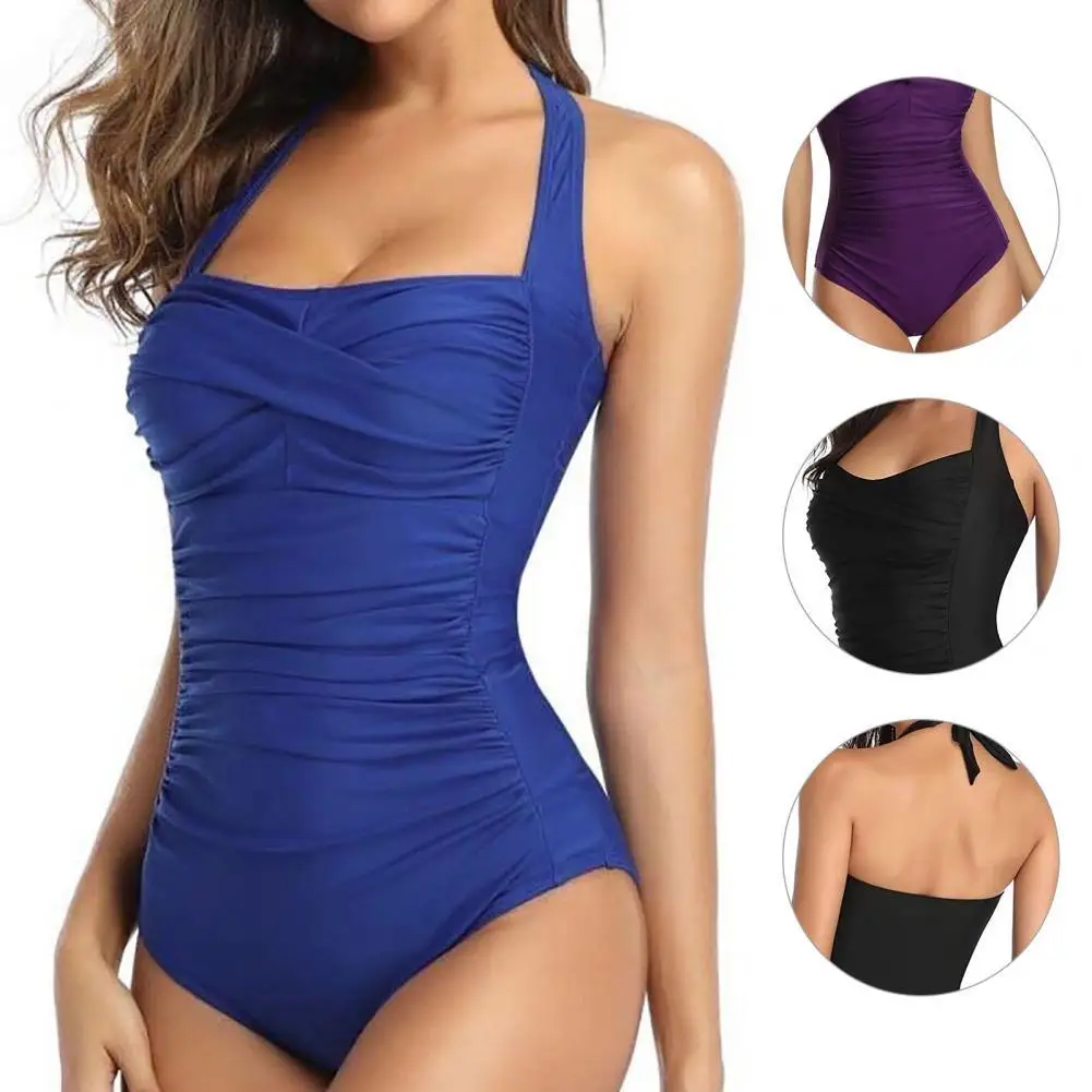 Sexy One-piece swimsuit women Pure Colors Quick-drying Summer Swimsuit  Tummy Control Halter biquinis feminino купальник женский