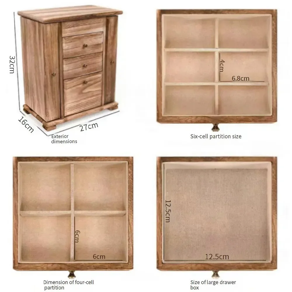 Vintage Style Wood Jewelry Box Wood 4-Layer Large Organizer Box with Mirror & 3 Drawers for Rings, Earrings, Necklaces