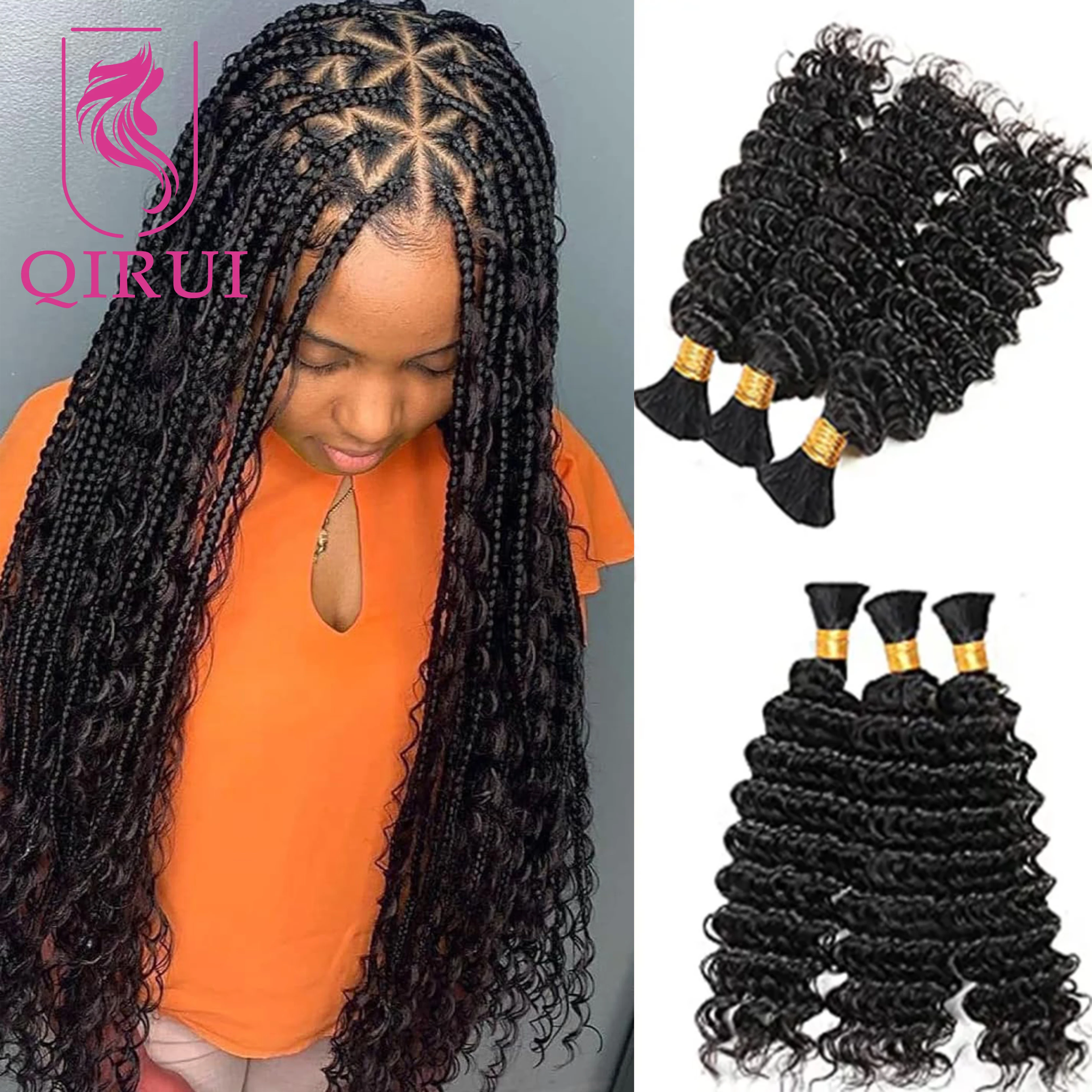 Bulk Human Hair For Braiding Deep Wave No Weft Double Drawn Wholesale Burmese Boho Braids Human Hair Extensions Natural Wave