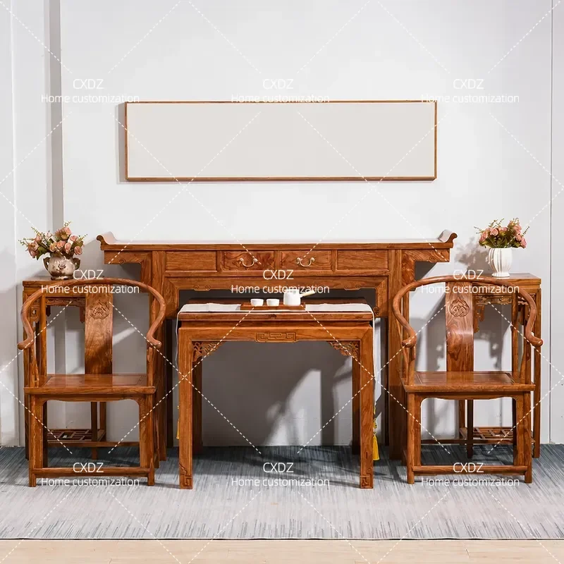 6 Piece Rosewood Furniture Set Solid Wood Chinese Hedgehog Red Sandalwood Hall Console Table Buddhist Platform Entrance
