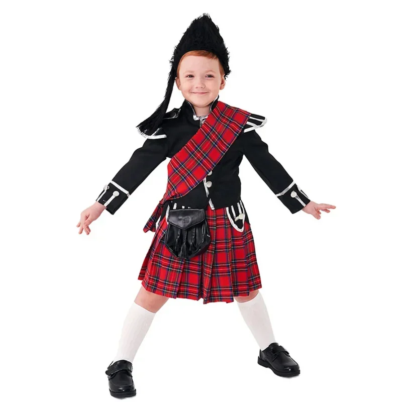 2025 New Kids Child Scotsman Costume for Boys Tartan Kilt Set Scottish Outfit 2-4Y 4-10Y 10-12Y AA