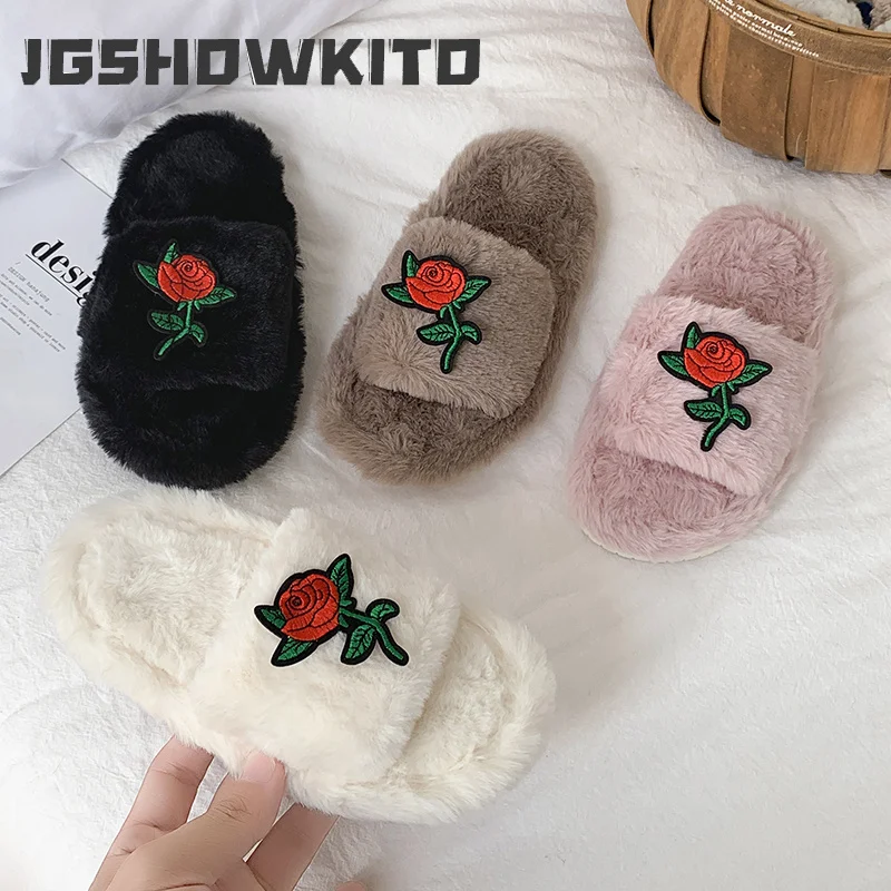 JGSHOWKITO New Girls Winter Fluffy Slippers Sweet Embroidery Children Princess Causal Flat Shoes Warm Soft Kids Plush Slippers