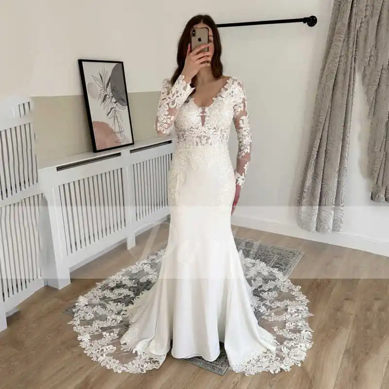 

Morden Lace Satin Mermaid Wedding Dresses Sweetheart Full Sleeve Long Bride Gowns Simple Appliques Court Train Vestido de Novia