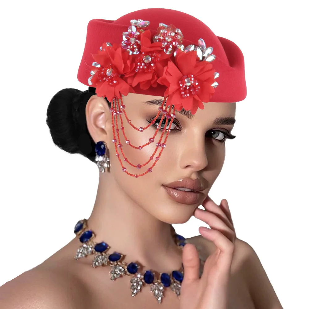 Church Derby Fascinator With Flower TLadies Beret Caps For party Airline Stewardess Hat Vintage Felt Turban Hat For Women