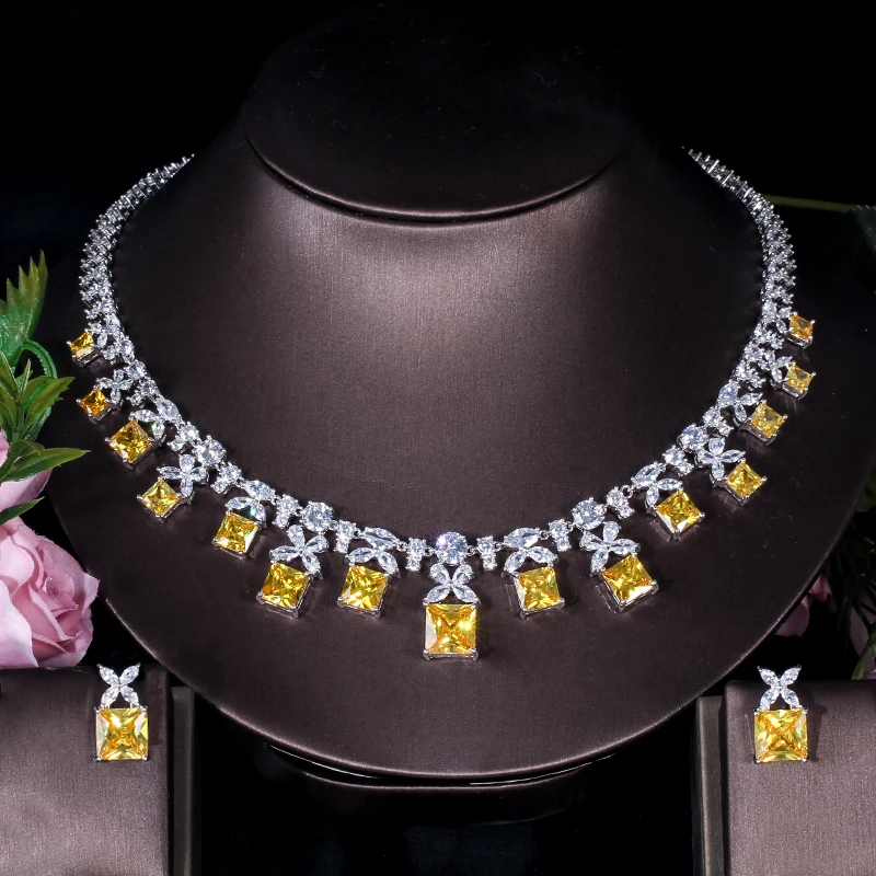 ThreeGraces Elegant Yellow Cubic Zirconia Nigerian Bridal Wedding Earrings and Necklace Jewelry Set for Women Accessories TZ881