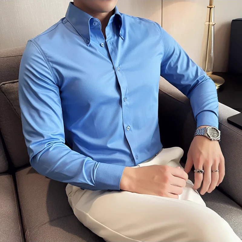 Wysokiej jakości koszule z dużym kołnierzem w jednolitym kolorze 2024 Jesienna koszula z długim rękawem Slim Fit Social Party Formal Casual Business Tuxedo