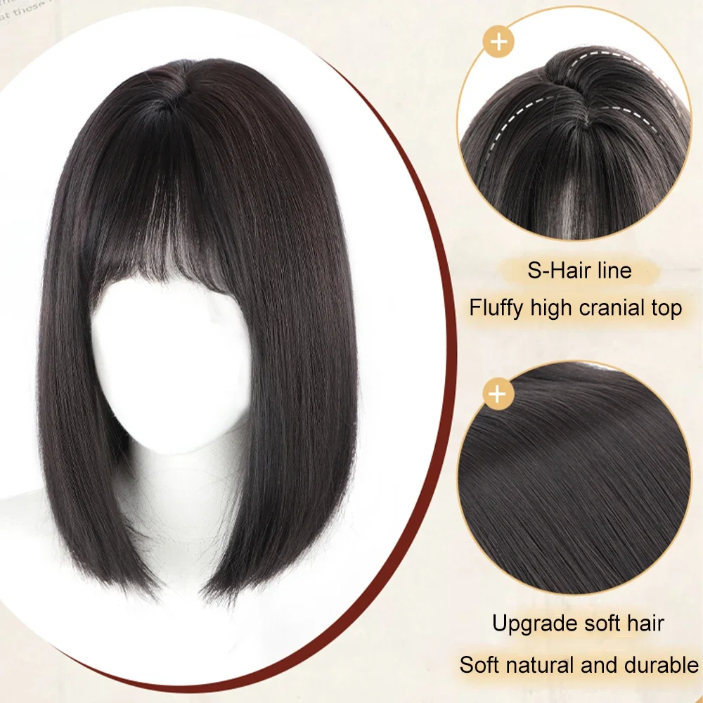 ALXNAN Short Straight Synthetic Wigs for Women Natural Black Bob Wigs with Bangs Daily Cosplay Party Heat Resistant Fake Hair