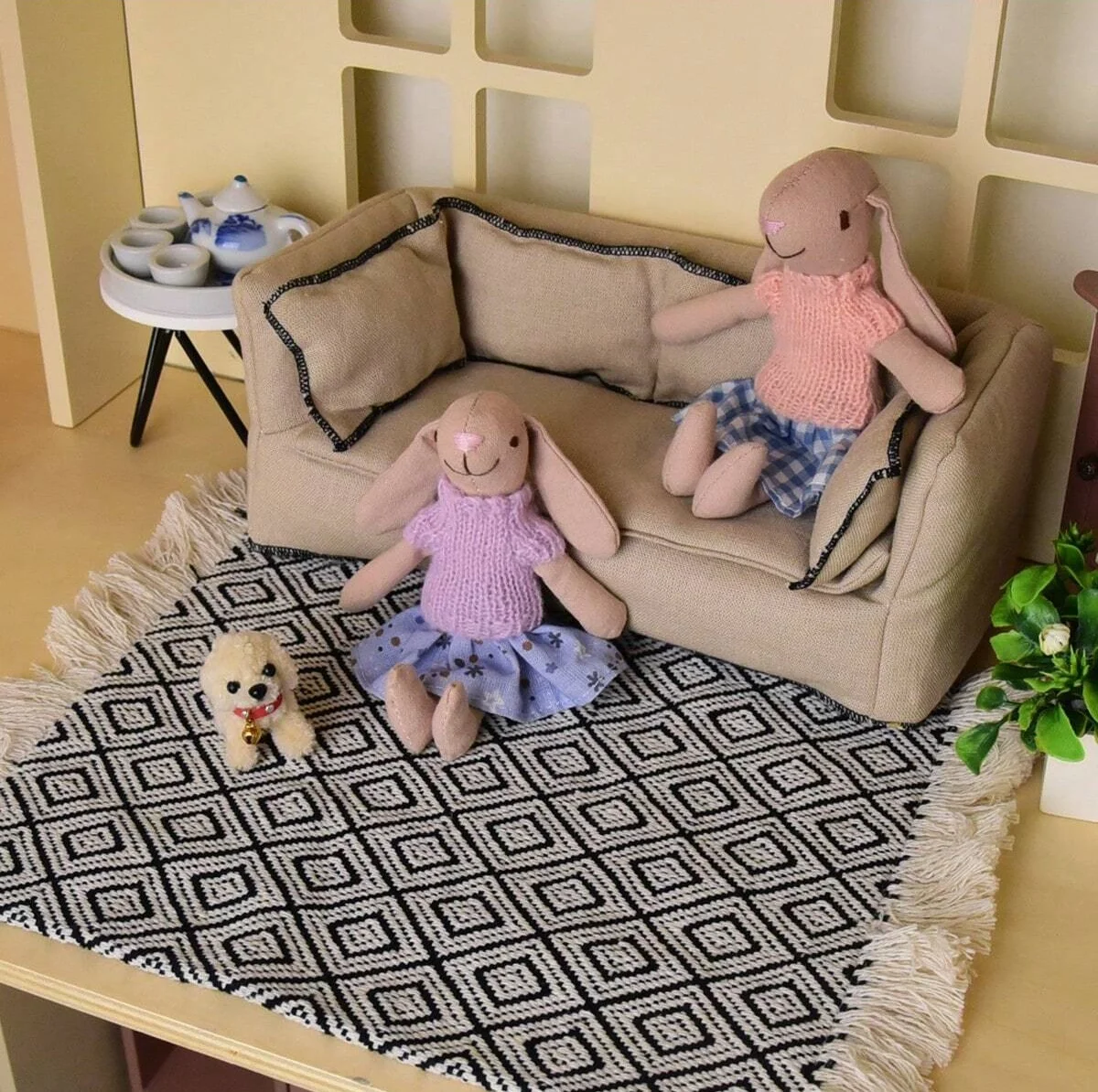 1:6 1:12 Miniature Sofa 2-Seater With Carpet For Bjd Ob11 Dollhouse Simulation Furniture Vintage Fabric Sofa