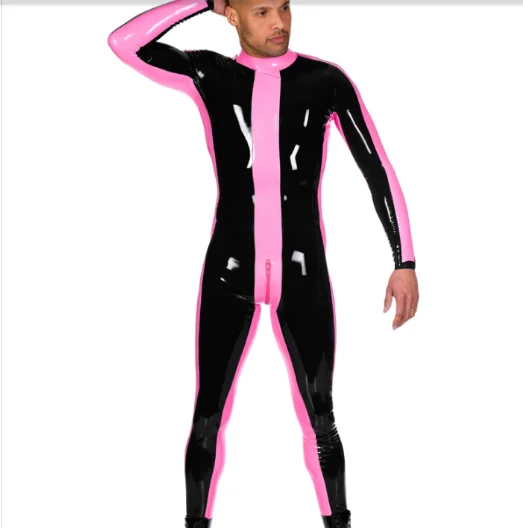 

Latex Rubber Gummmi Black Pink patchwork Jumpsuit role play party hand customized 0.4mm XS-XXL Manual customization