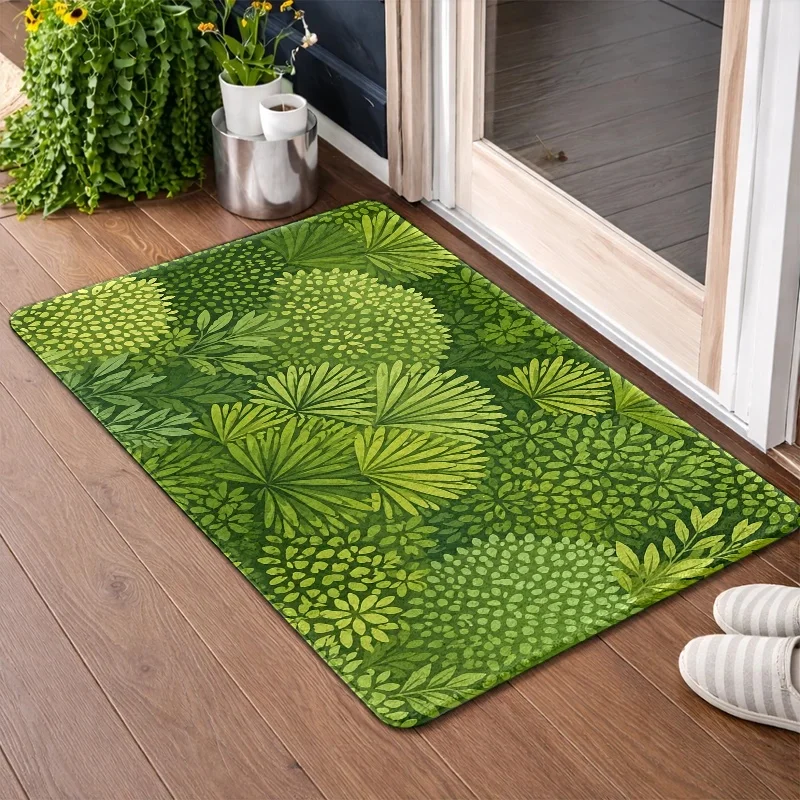 Fresh green botanical floral doormat, vibrant nature inspired floor rug for hallway and kitchen home