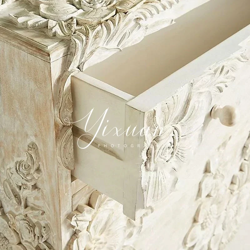 French retro hand-painted plant flower white cream wind three bucket cabinet
