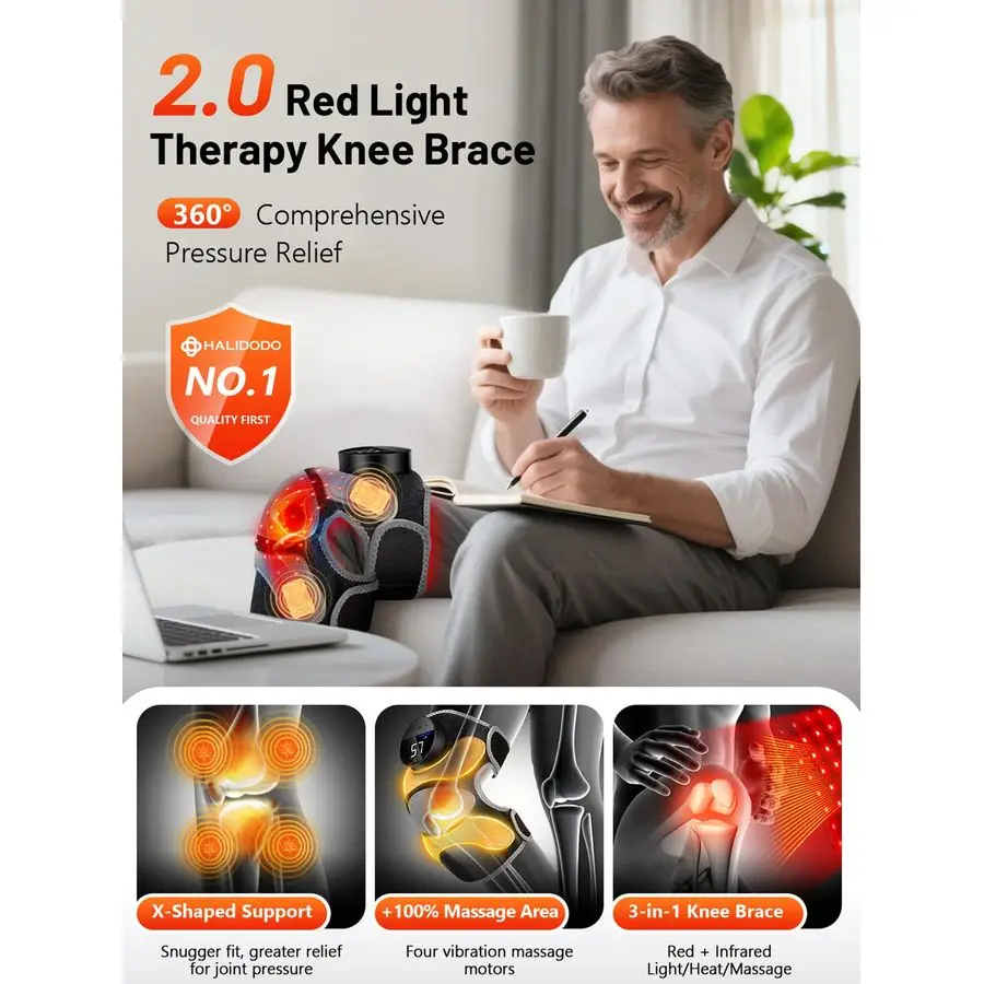 Genouillère pour 4 zones de massage, thérapie par la lumière rouge pour le genou, contrôleur rechargeable sans cordon, arrêt automatique de 20 minutes, ampli 660 nm 850 nm