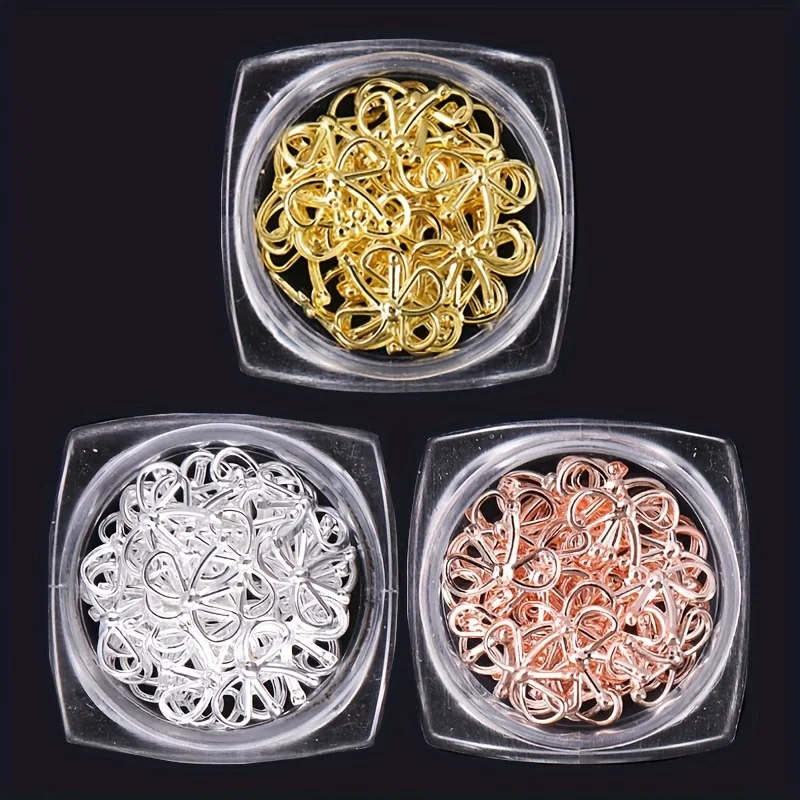 3 Bouteilles de Nœuds Métalliques en Forme de Saule pour Décoration d'Ongles, Or et Argent, Design Nœud 3D, Breloques DIY, Bijoux Métalliques Élégants, Accessoires de Manucure, Décorations Nail Art