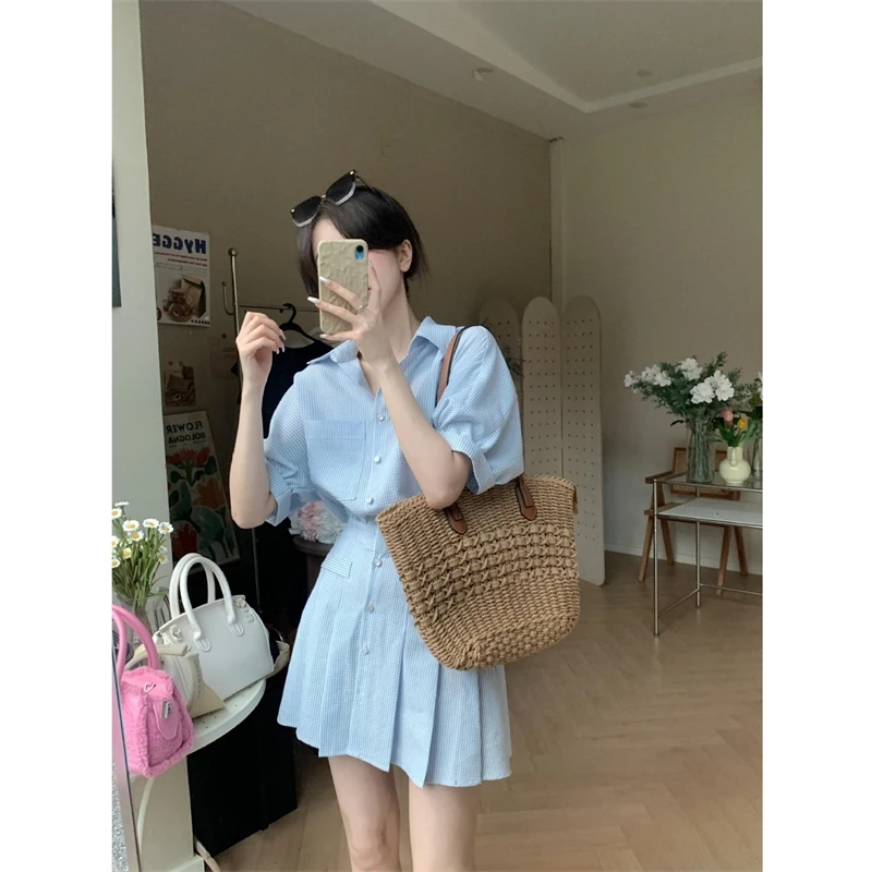 

Women Blue Striped Pocket Big Size Elegant Mini Shirt Dress New Lapel Short Sleeve Fashion Tide Spring Summer 2025 CPG3232
