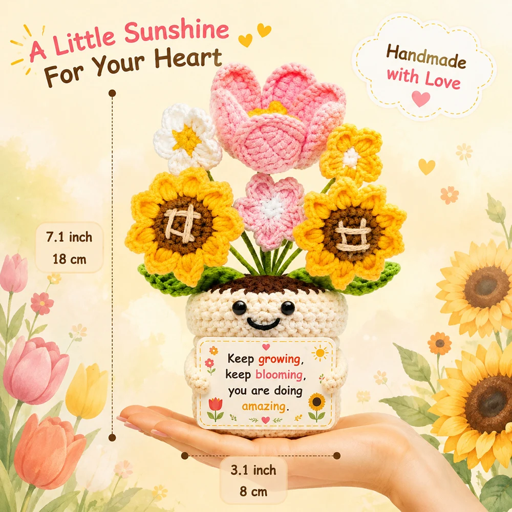 Positive Crochet Handmade Amigurumi Doll Emotional Support Pocket Hug Knit Plant Flower Encouragement Gift for Friends Coworker view 4