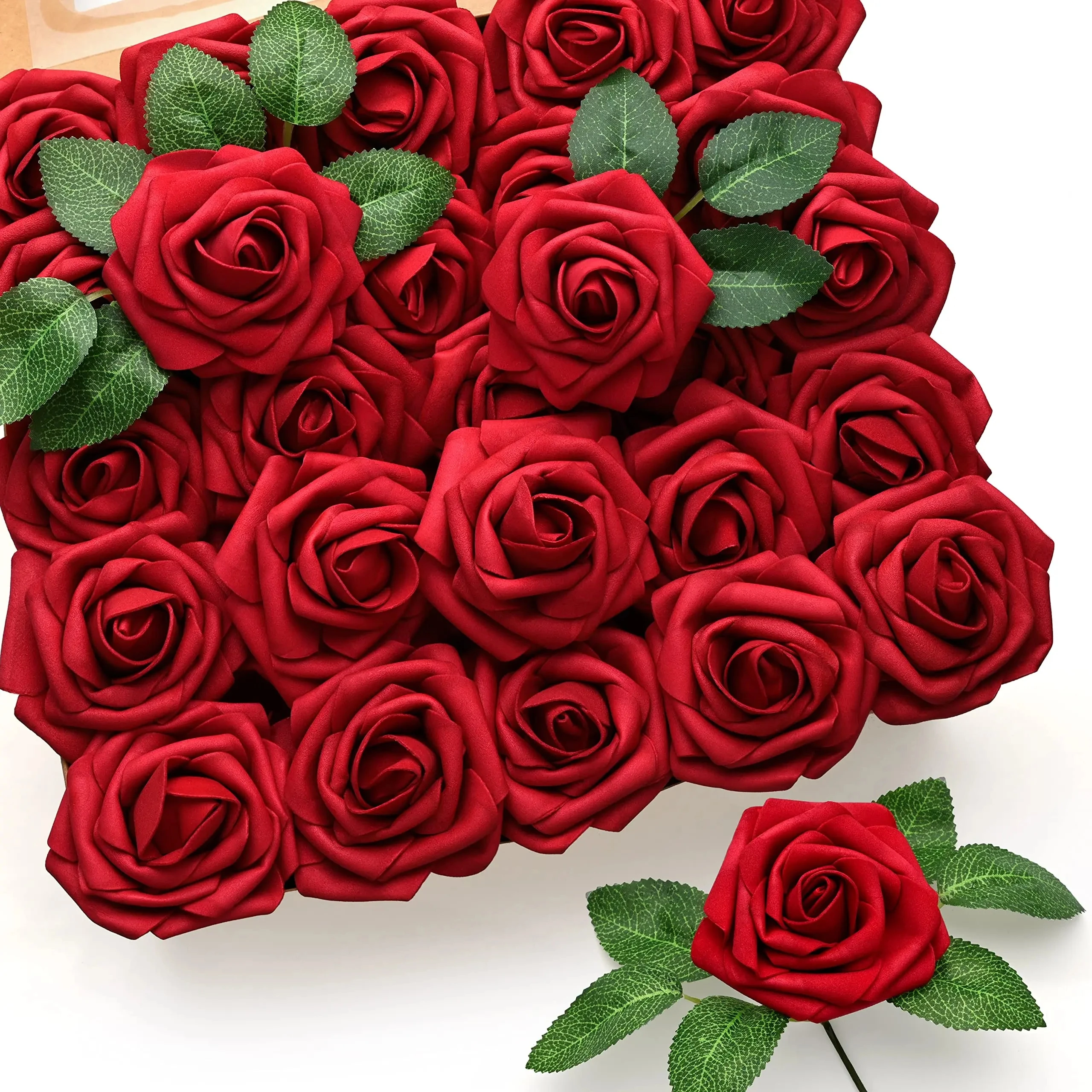 25pcs Artificial Flower Red Rose Real Looking Fake Roses w/Stem Bouquets for Valentines Day Party Wedding DIY Decoration