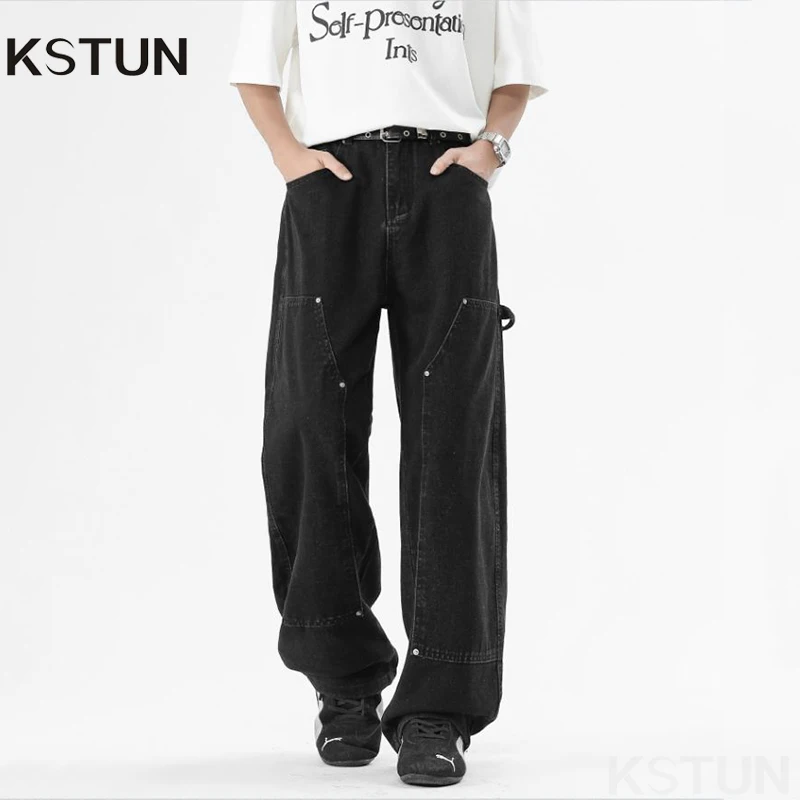 

KSTUN черные джинсы для мужчин, свободные брюки для фитнеса с прямыми заплатками и заклепками, винтажная уличная одежда, мужские брюки, повседневные джинсовые брюки