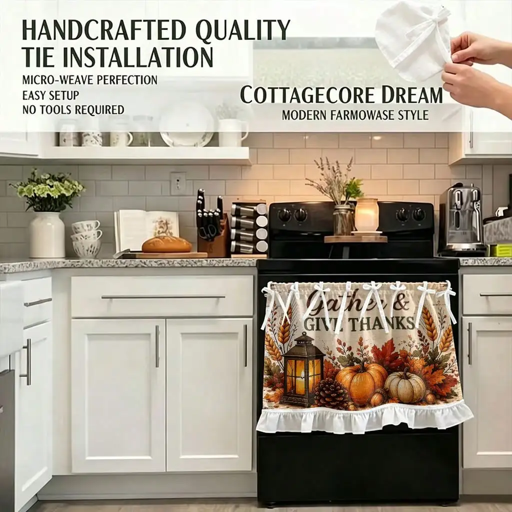 2D Flat 1pc Farmhouse Fall Harvest Kitchen Stove Oven Valance, 2D Printed Gather And Give Thanks Autumn Home Decor Curtain for Dishwasher Microwave Cabinet Kitchen Sink, Festival Gift, Great Addition to Thanksgiving Family Gathering
