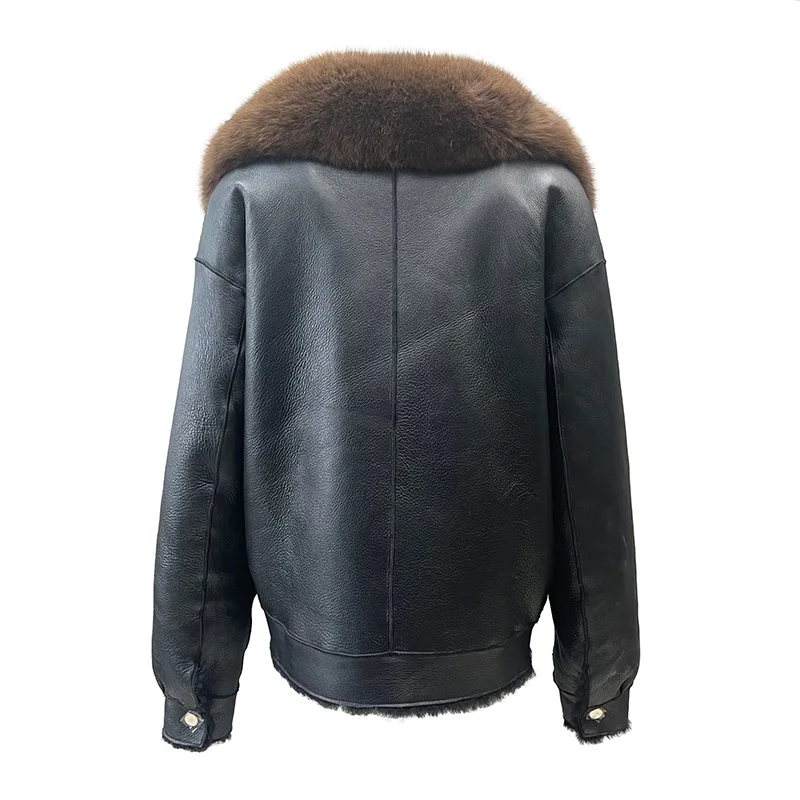 Veste en cuir véritable pour femme, peau de mouton, col en fourrure de renard, mode de luxe, hiver, 2023, CombMoto NZ5574