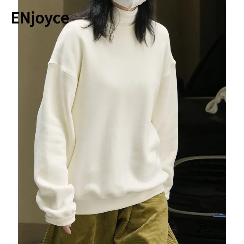 

ENjoyce 2022 Winter Women Plus Velvet Round Neck Pullover Sweatshirt Female Casual Loose Oversized Inner Plush Warm Cotton Tops