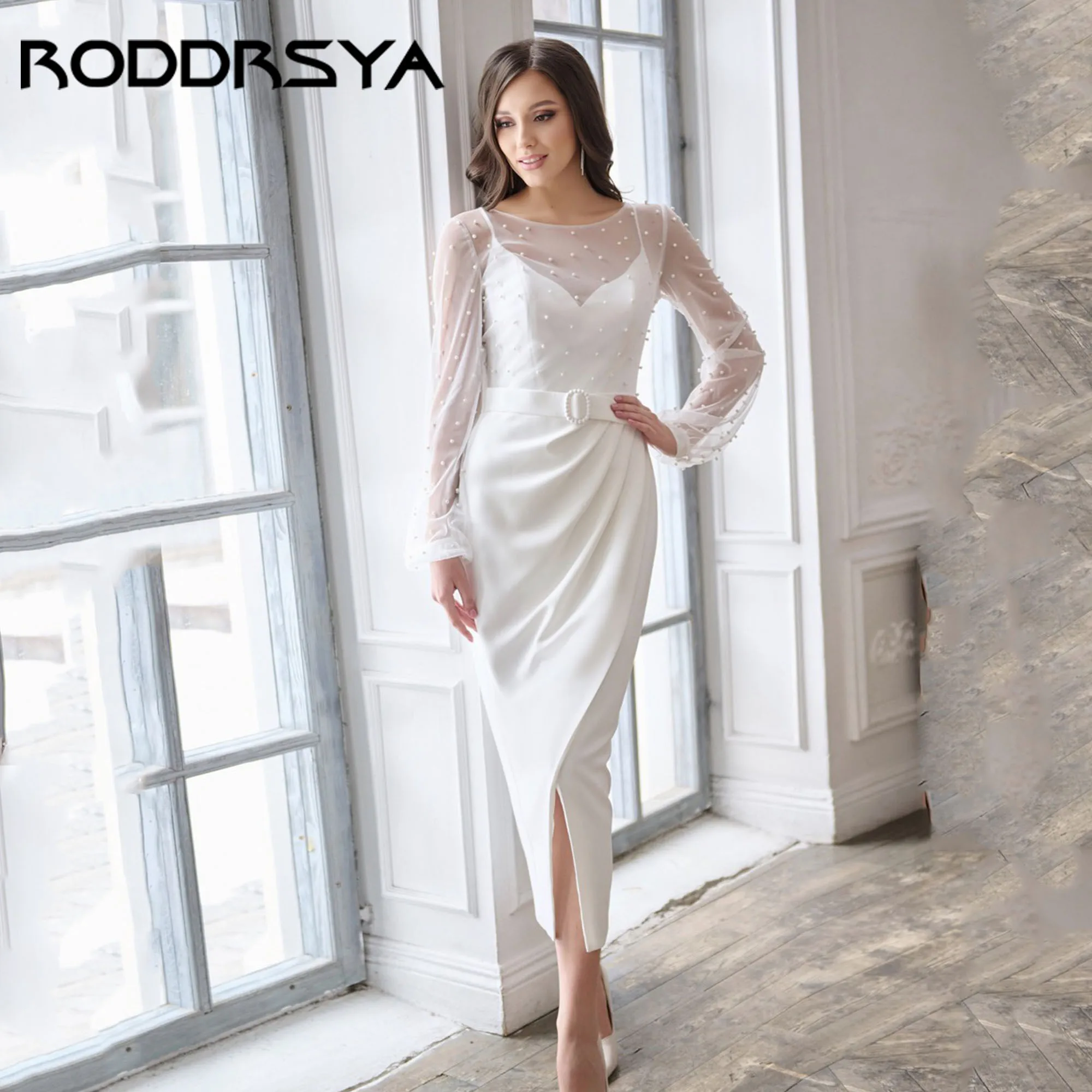 

RODDRSYA Elegant Wedding Gown Women Mermaid Pearls Tea-Length Bridal Dress Long Sleeve O-Neck Satin vestidos de novia Customized